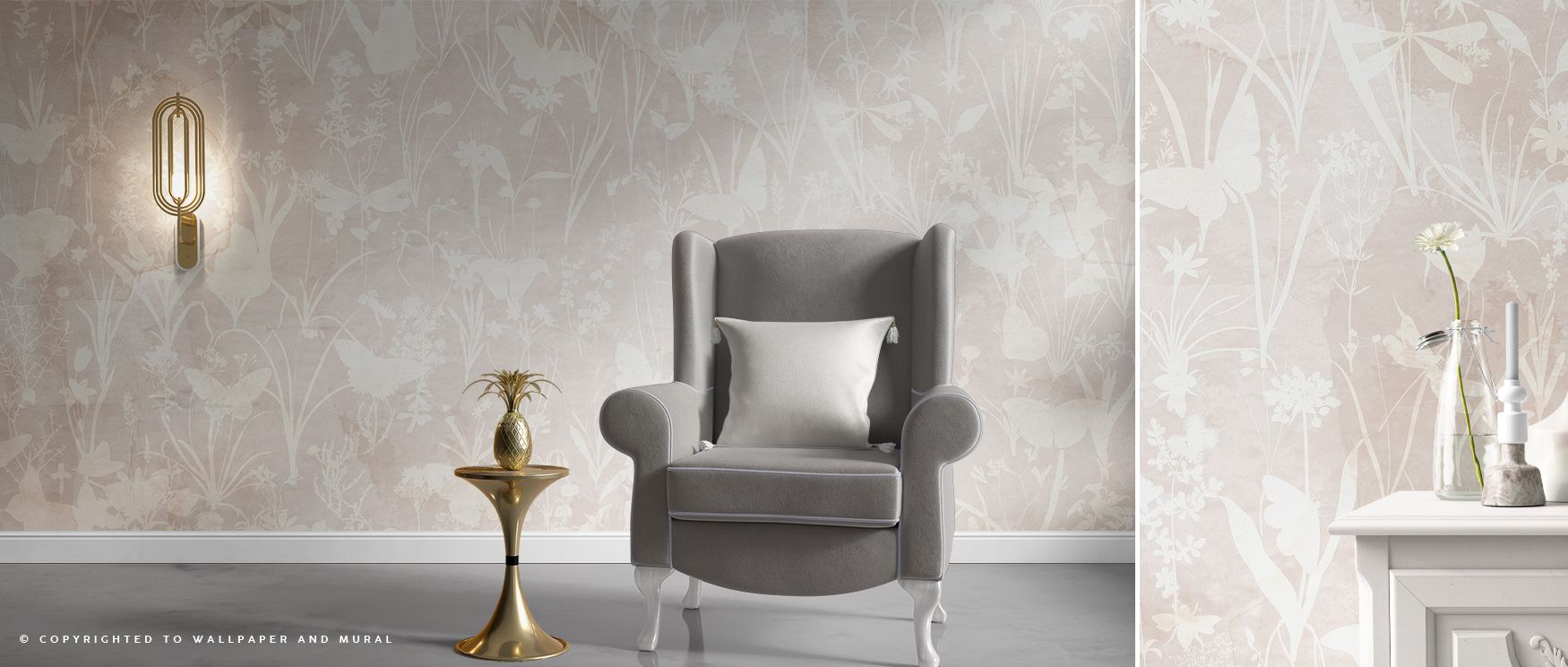 Butterflies and herbs appear in soft beige silhouettes across the wallpaper, giving interiors calm refinement. The muted tones ensure versatility, making bedrooms restful, living rooms elegant, and offices inspiring. Each motif adds organic beauty, while 