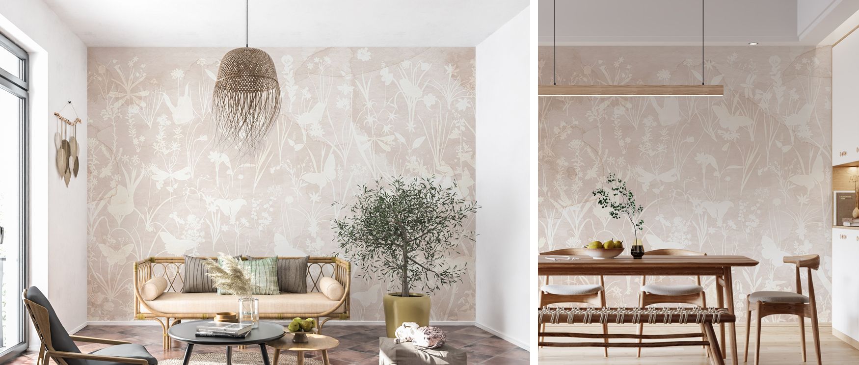 Delicate outlines of herbs and butterflies stretch across the wallpaper in beige tones, creating harmony in interiors. The neutral palette ensures calm balance, while the motifs bring organic elegance. Bedrooms feel restful, offices appear composed, and l