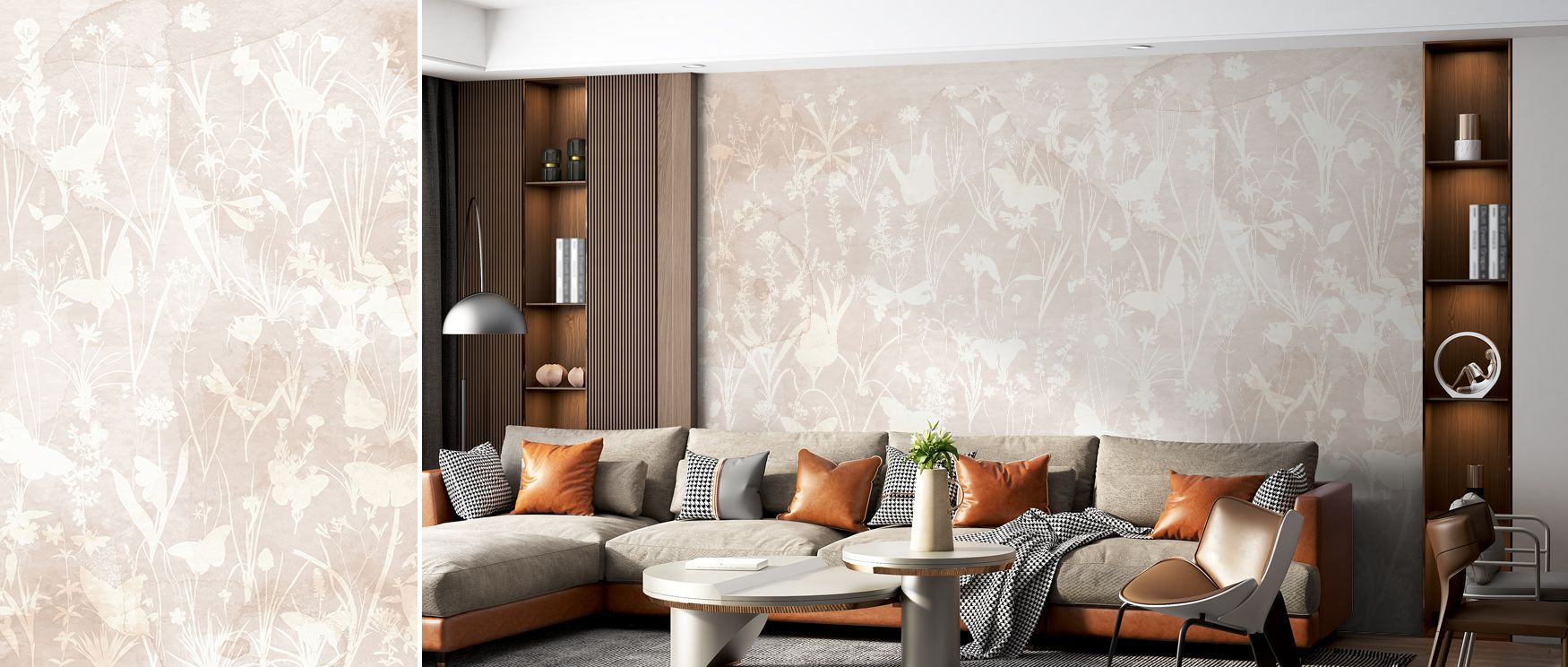 Botanical and butterfly silhouettes spread evenly across the wallpaper, creating organic rhythm in beige tones. Interiors glow with calmness, bedrooms feel tranquil, offices gain elegance, and living rooms become welcoming sanctuaries. The muted palette e