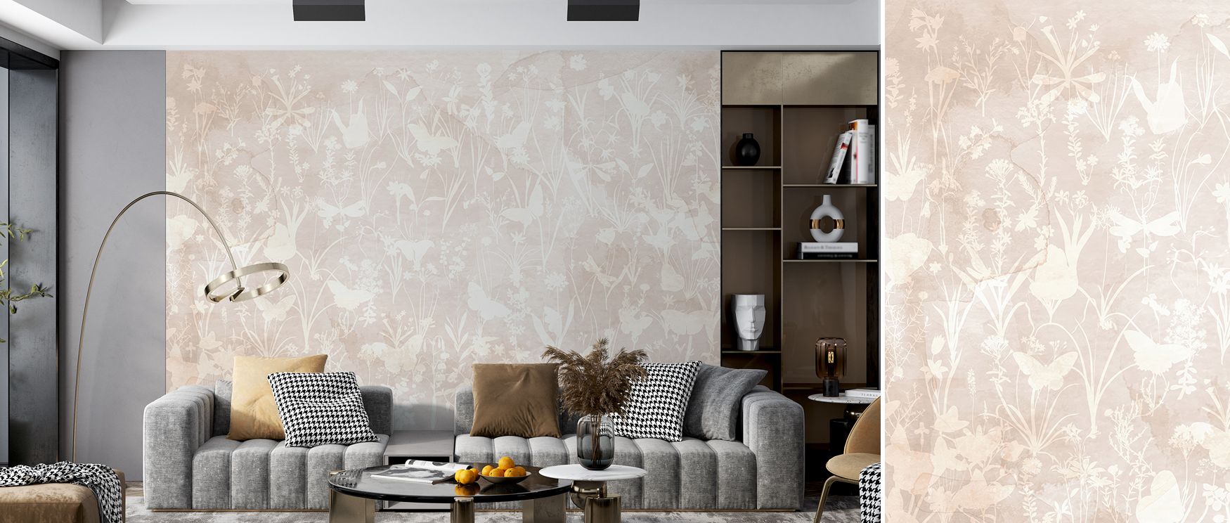The wallpaper radiates calm refinement, with delicate herbal and butterfly silhouettes arranged across a beige background. Bedrooms benefit from serenity, living rooms from charm, and offices from focus. Its organic artistry ensures walls feel harmonious 
