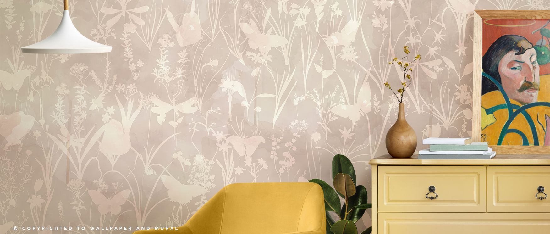 Botanical outlines pair with butterfly silhouettes in warm light brown, offering interiors subtle elegance. Bedrooms feel serene, living rooms glow with organic charm, and offices gain refined atmosphere. The wallpaper’s palette ensures calmness, while it