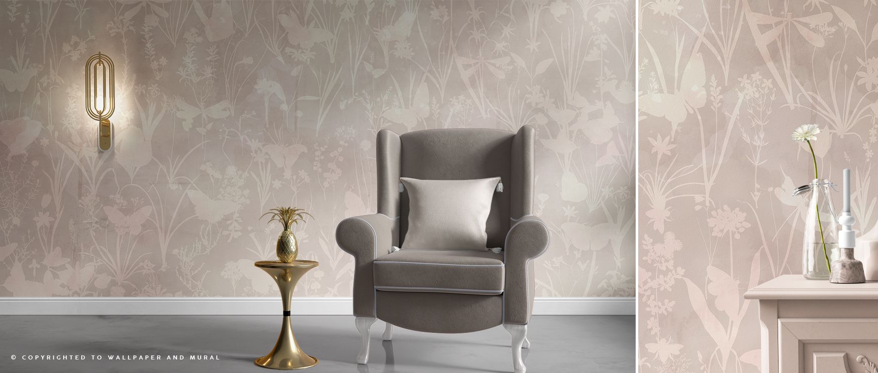 Delicate silhouettes of herbs and butterflies flow across the wallpaper in warm light brown tones, enriching interiors with organic charm and timeless grace. Bedrooms gain peaceful ambiance, offices enjoy composed focus, and living spaces radiate warmth. 