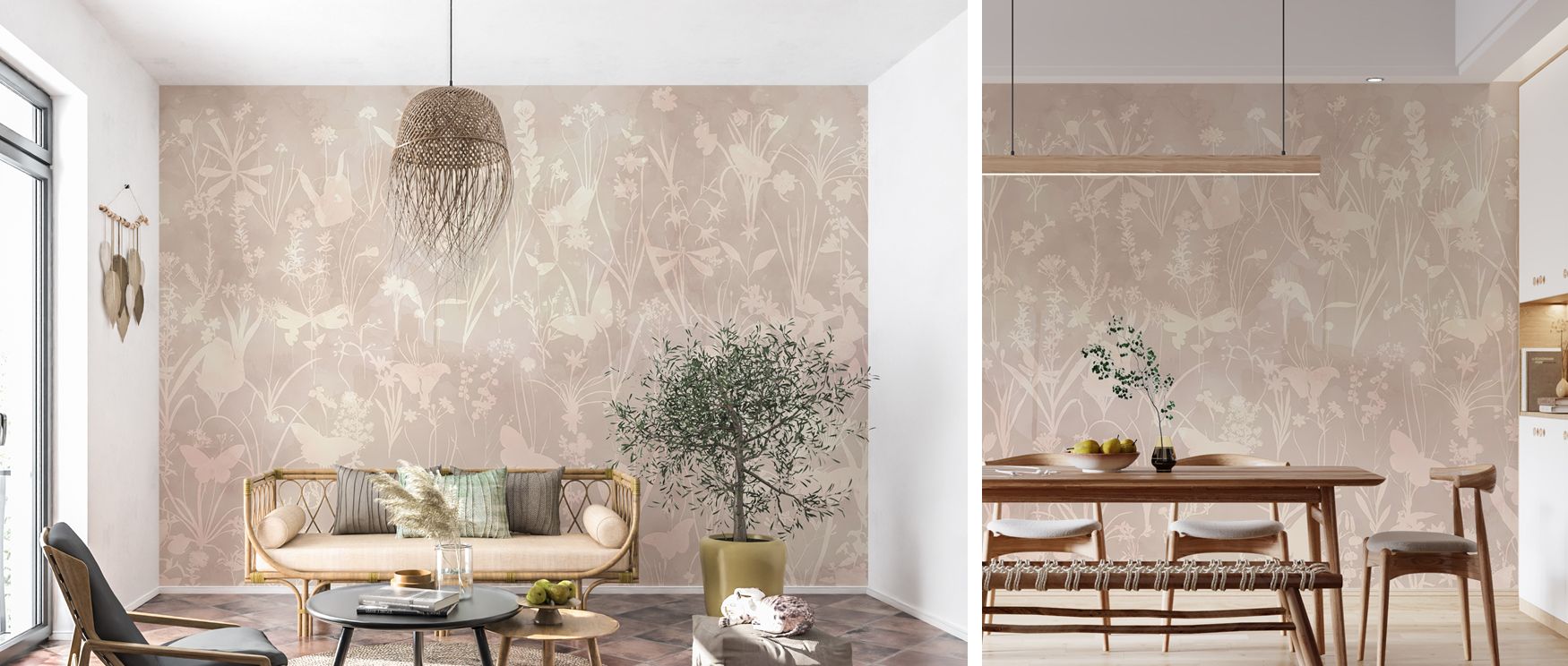 Across the wallpaper, herbs and butterflies appear in gentle silhouettes that radiate tranquility. The light brown tones offer warmth and versatility, making interiors restful, welcoming, and elegant. Bedrooms transform into calming sanctuaries, living ro