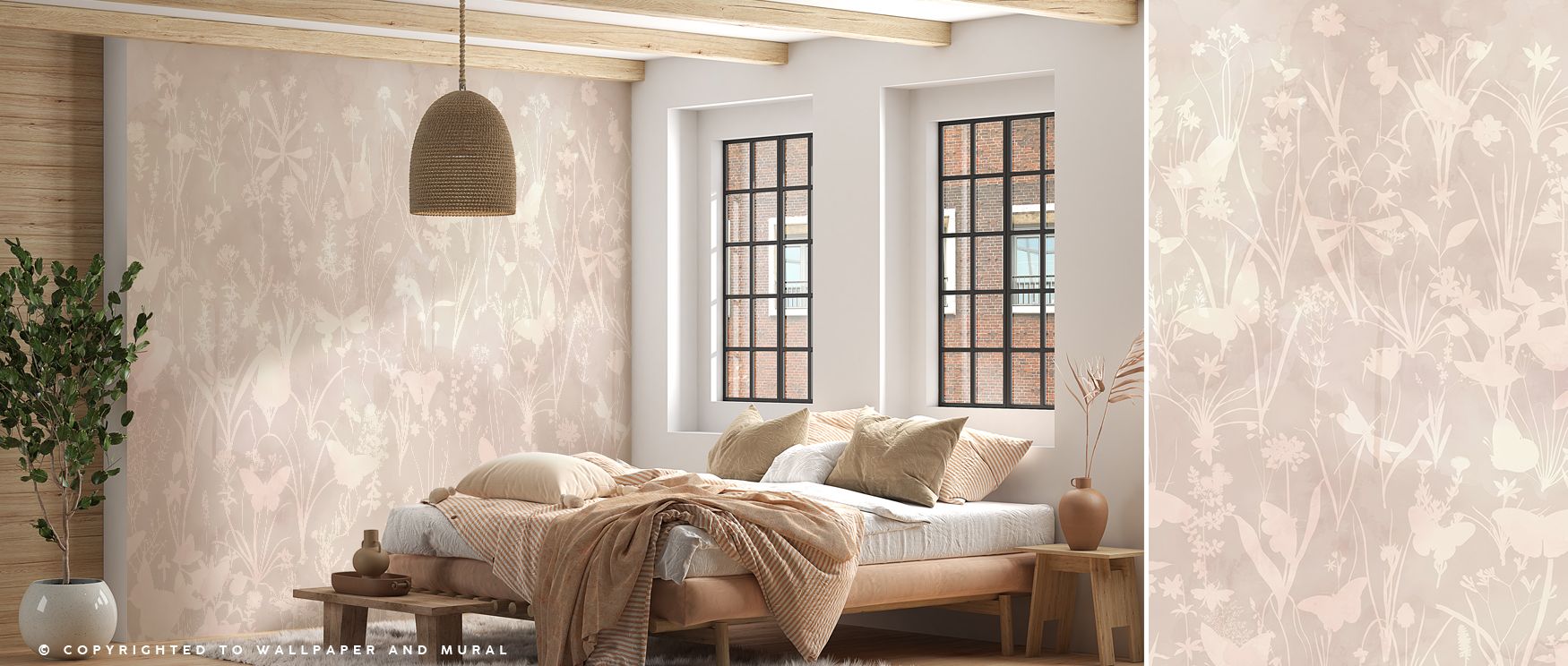 Herbal silhouettes merge with butterflies across the wallpaper, creating flowing patterns in light brown tones. Bedrooms glow with restful ambiance, living rooms radiate welcoming warmth, and offices reflect refined focus. The palette offers understated c