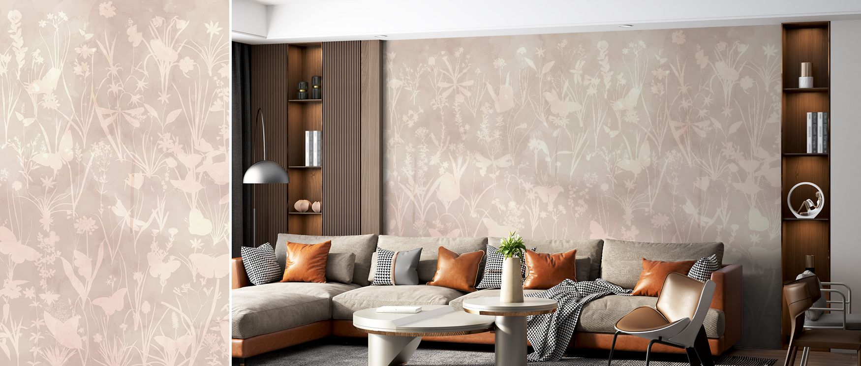 Light brown silhouettes of herbs and butterflies stretch across the wallpaper, presenting calm rhythm that suits diverse interiors. Bedrooms become peaceful retreats, living spaces glow with warmth, and offices gain quiet elegance. Each element adds organ
