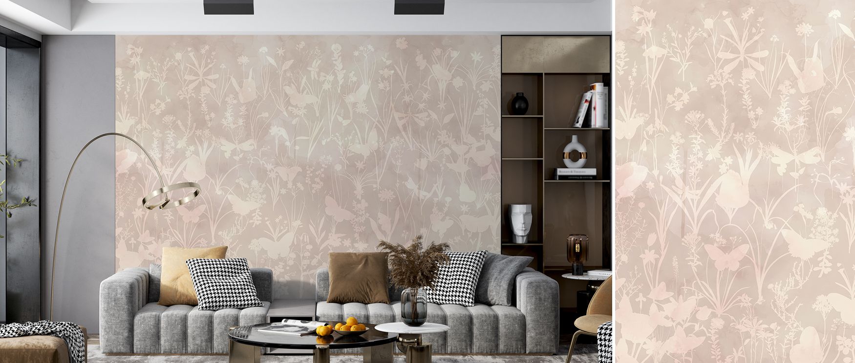 Soft botanical and butterfly motifs cover the wallpaper, their light brown tones creating restful elegance. Bedrooms glow with comfort, living rooms radiate charm, and offices benefit from refined calm. The subtle palette offers versatility, ensuring wall