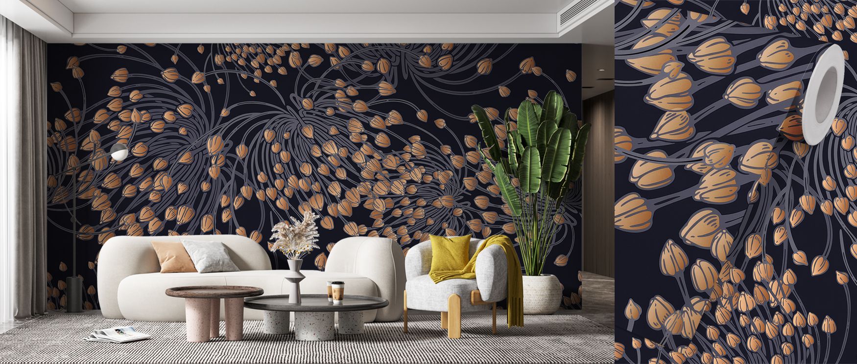 Across the wallpaper, herbal illustrations appear in gentle rhythm, creating harmony throughout interiors. Kitchens benefit from fresh energy, dining areas from celebratory charm, and living rooms from timeless refinement. The design enhances walls with o