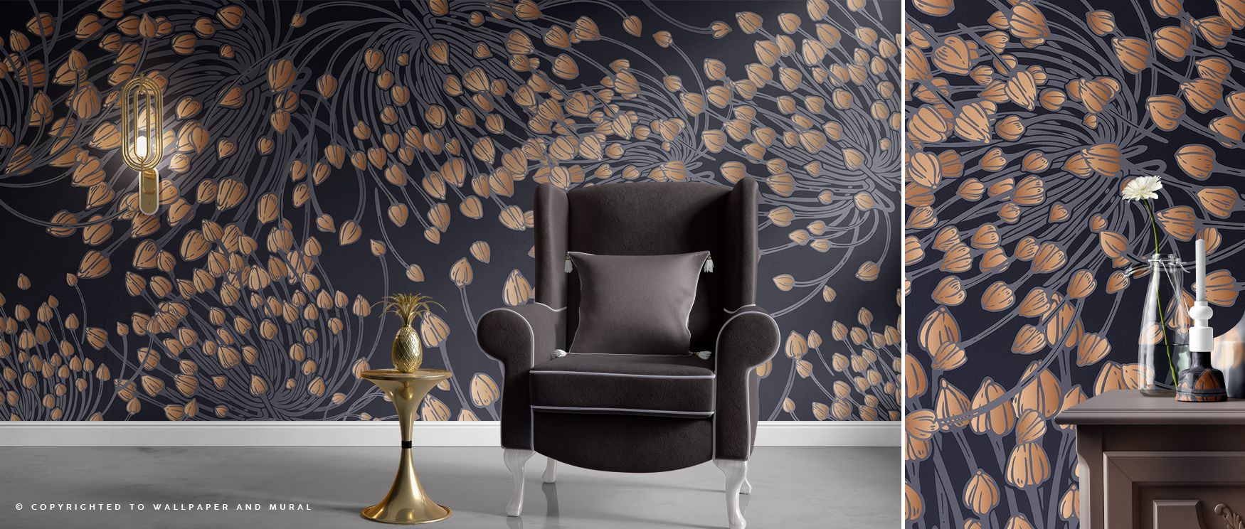 Fine herbal drawings spread across the wallpaper with calm elegance, filling interiors with freshness and charm. Kitchens radiate vibrancy, dining areas glow with warmth, and living spaces welcome refined beauty. Each element adds organic rhythm, ensuring