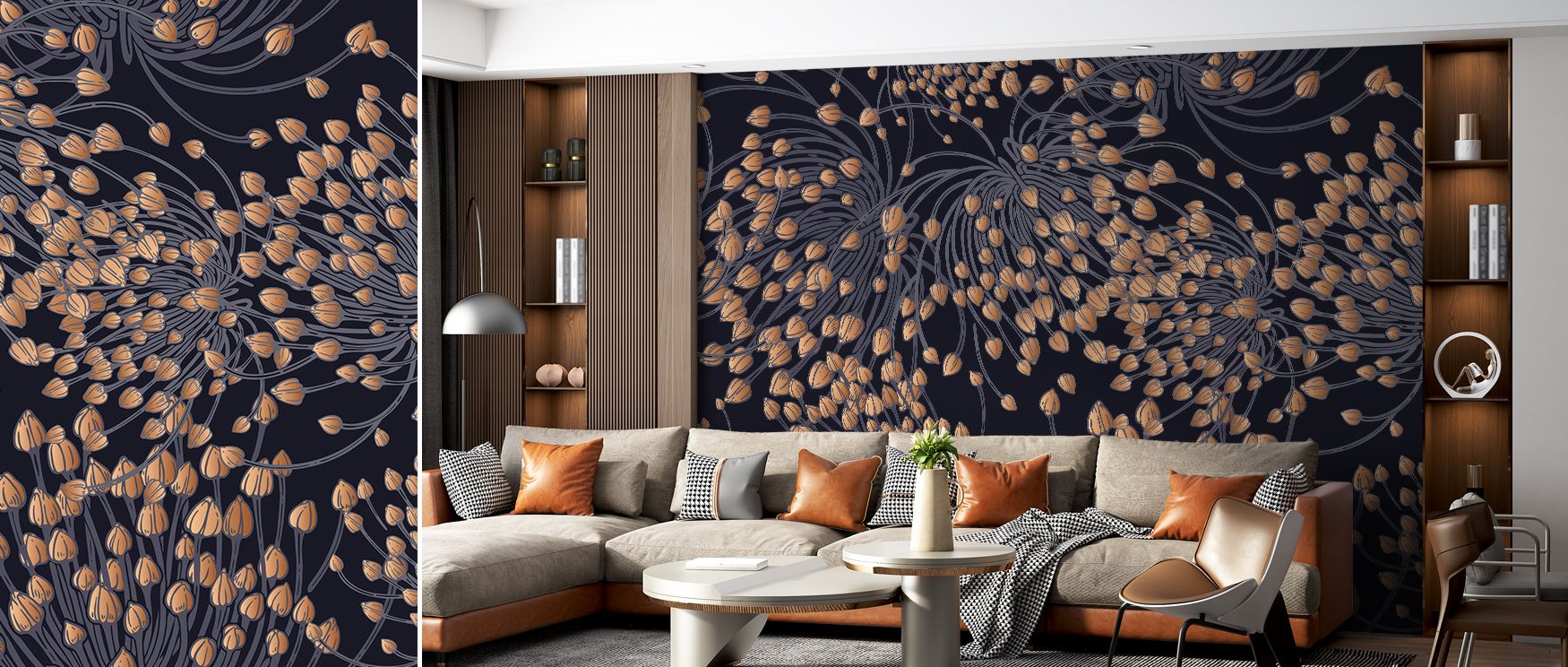 Across the wallpaper, herbs are illustrated with delicate artistry, creating walls filled with charm and elegance. Kitchens become fresh retreats, dining rooms celebratory spaces, and living rooms warmly inviting. Each detail enriches interiors with balan