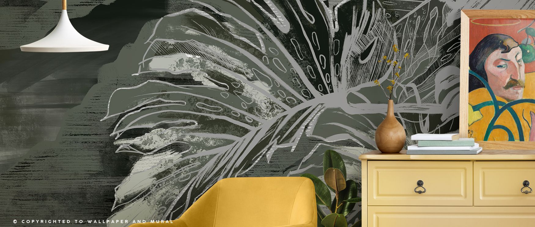 Leaves rendered with abstract grunge detail flow across the wallpaper, creating walls with dynamic energy. Bedrooms glow with modern edge, offices gain inspiration, and living rooms radiate bold presence. Each element contributes to balance, ensuring inte