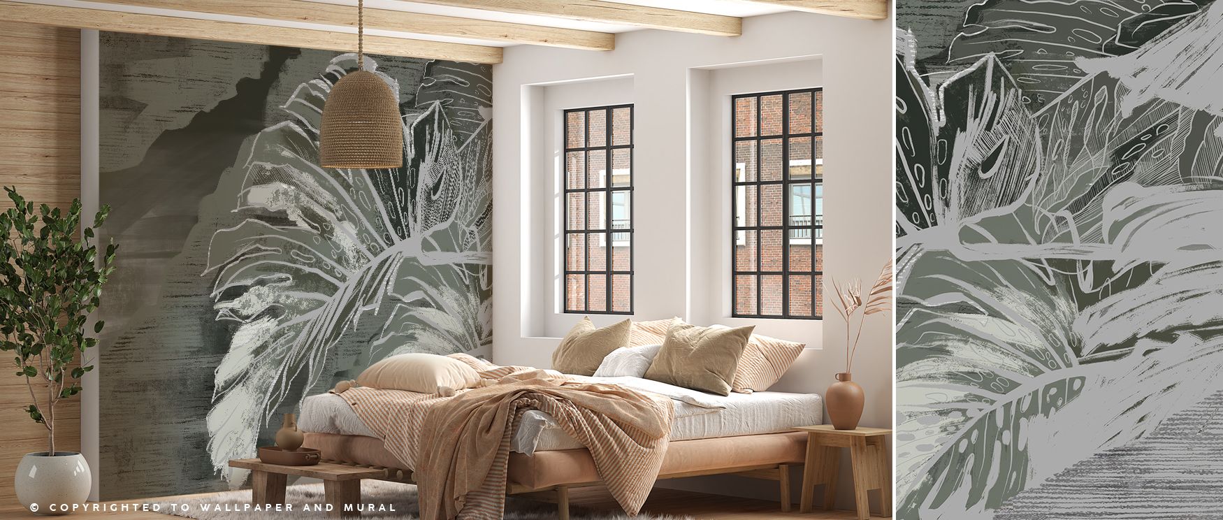 Abstract patterns of leaves textured with grunge detail create bold rhythm across the wallpaper. Bedrooms achieve edgy charm, living rooms glow with dramatic style, and offices gain inspiring focus. The design merges natural motifs with artistic rawness, 