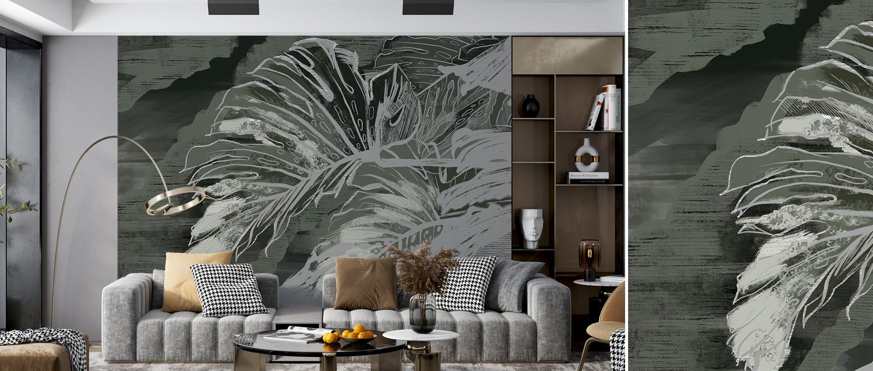 Across the wallpaper, bold leaves with textured grunge artistry create striking impact. Bedrooms glow with edgy refinement, offices with inspiring focus, and living rooms with modern charm. The design merges natural motifs with abstract rhythm, ensuring w