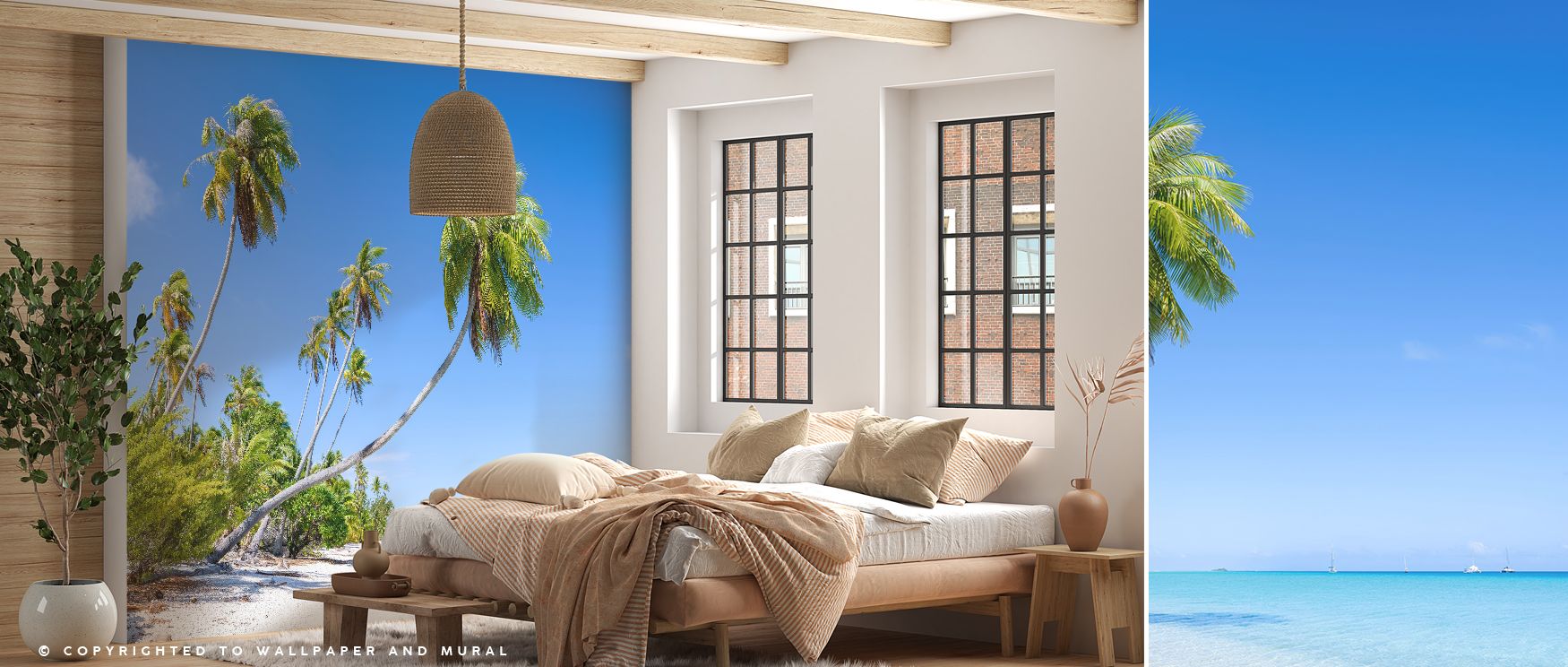 Coastal imagery of beach sands and horizon tones spreads across the wallpaper, radiating calmness and artistry while enriching interiors with coastal charm, turning walls in bedrooms, offices, or living areas into scenic backdrops filled with peace and re