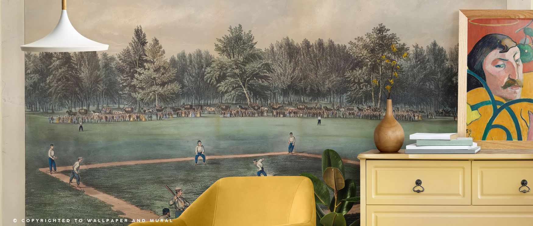 Hoboken baseball motifs depicted in vintage tones stretch across the wallpaper, filling interiors with nostalgia and charm while turning walls in living rooms, game rooms, or children’s bedrooms into playful backdrops filled with history and energy. 