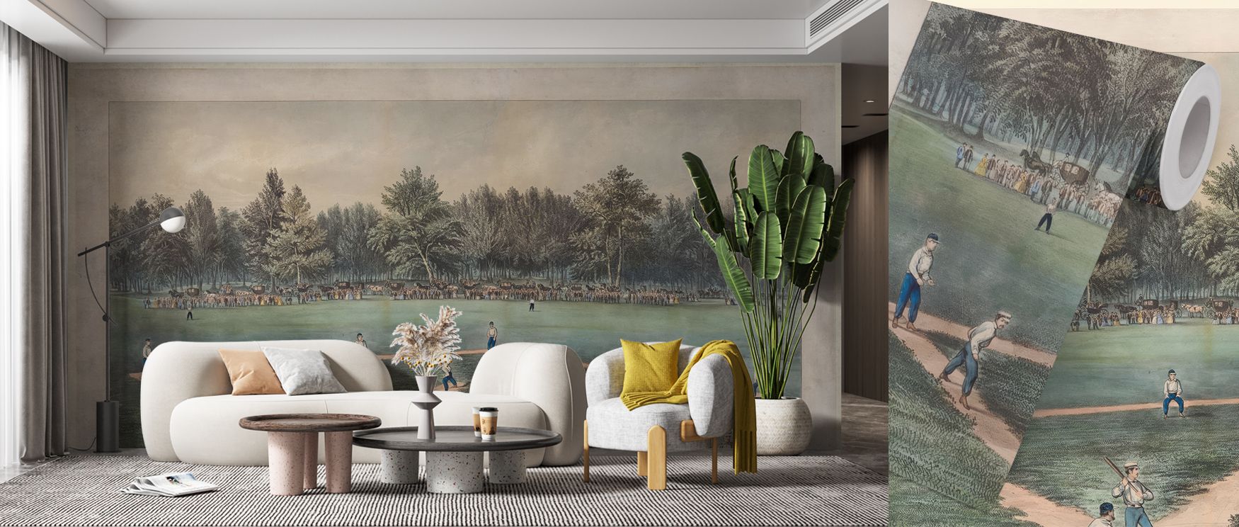 Baseball figures and motifs rendered in vintage detail spread across the wallpaper, transforming interiors into lively, nostalgic retreats where living rooms, children’s spaces, or lounges become enriched with charm, history, and playful energy that radia