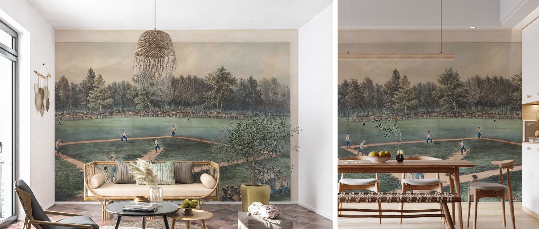 Baseball imagery painted in retro tones spreads richly across the wallpaper, creating lively interiors filled with nostalgia and charm, turning game rooms, bedrooms, or children’s spaces into stylish, fun-filled retreats with cultural artistry. 