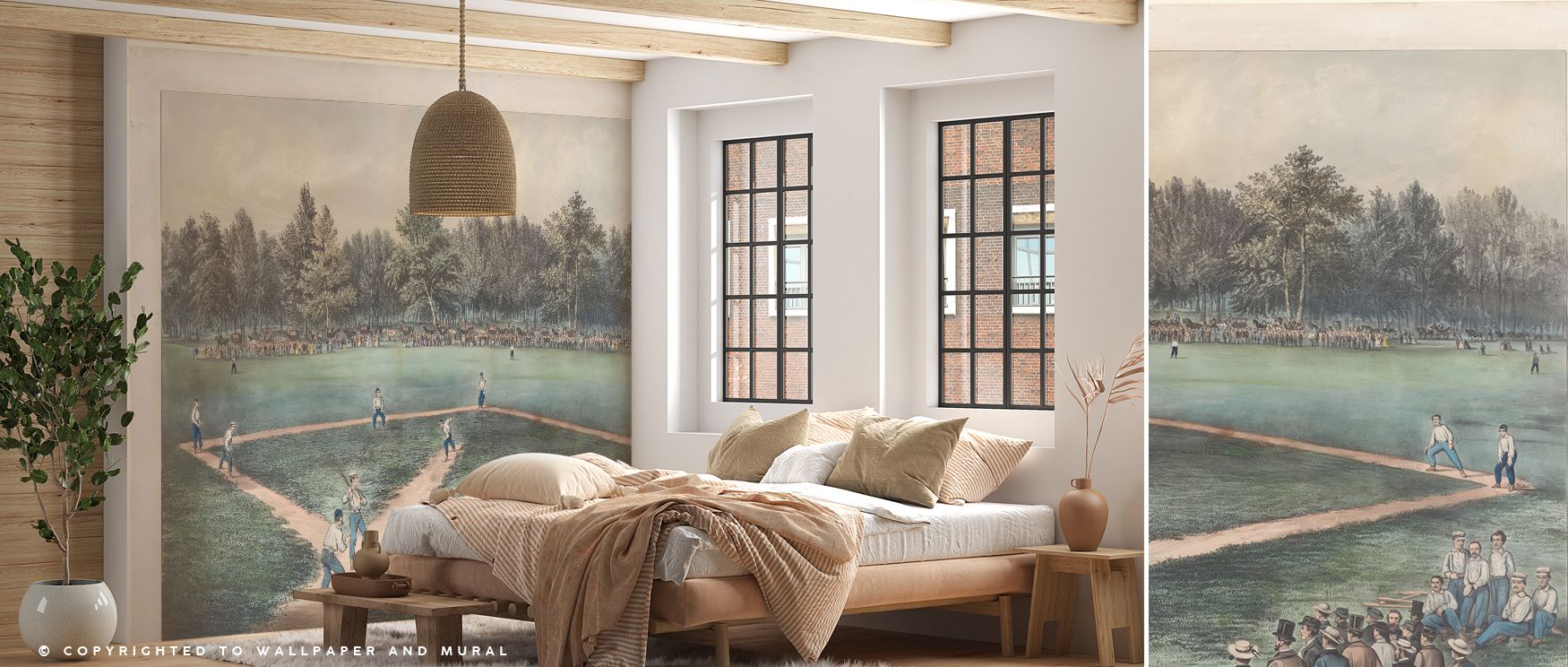 Retro-inspired baseball designs illustrated in warm tones fill interiors with nostalgia, turning walls in living rooms, lounges, or children’s spaces into lively showcases of cultural history, playful charm, and vintage artistry. 