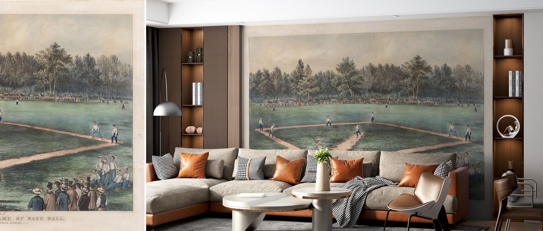 Nostalgic motifs of Hoboken baseball depicted across the wallpaper enrich interiors with charm and playful history, making bedrooms, game rooms, or living spaces vibrant retreats filled with cultural artistry and lively character. 
