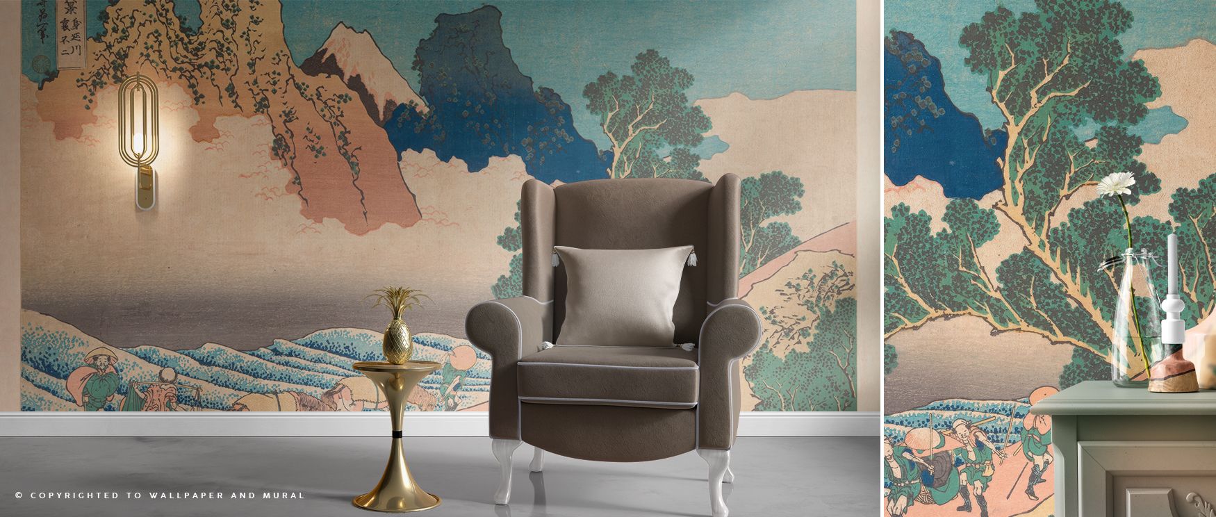 Mount Fuji rendered in delicate tones spreads across the wallpaper, filling interiors with artistry, harmony, and elegance, transforming walls in bedrooms, offices, or living rooms into scenic cultural backdrops filled with serenity and charm inspired by 