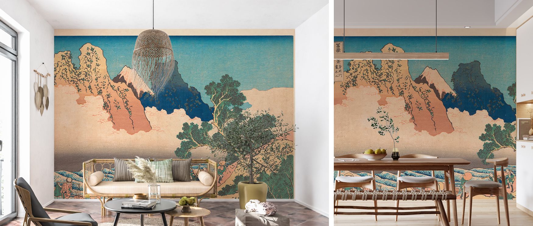 Hokusai-inspired Fuji motifs illustrated in scenic tones enrich interiors with calmness, turning walls into cultural compositions that radiate artistry and refinement, making bedrooms, living rooms, or offices serene retreats filled with timeless elegance