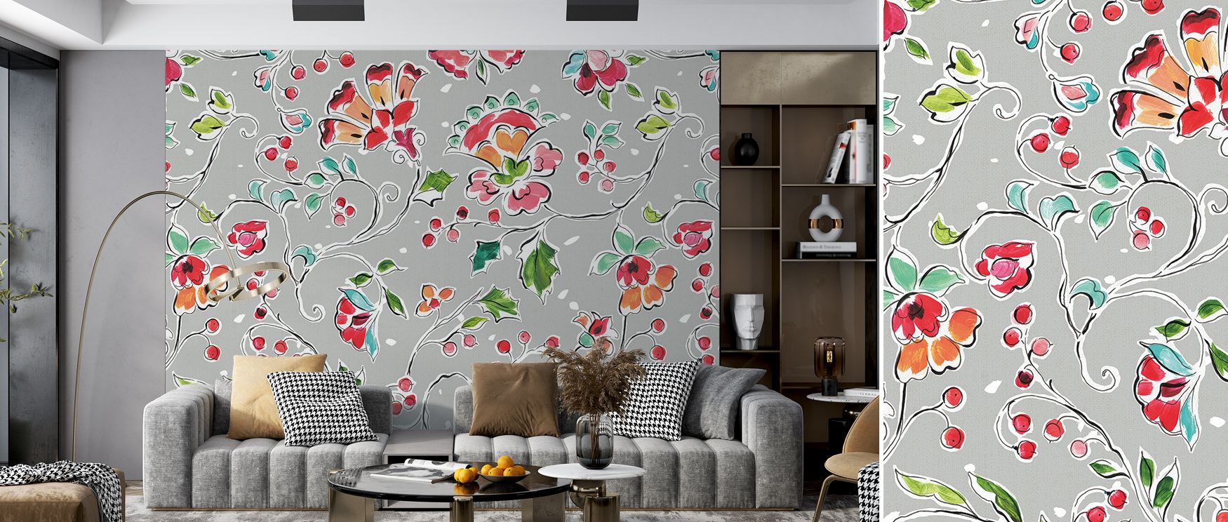 Festive imagery painted in bright cheerful tones spreads across the wallpaper, enriching interiors with warmth and joy while turning living rooms, dining areas, or hallways into celebratory spaces filled with artistry and timeless seasonal charm.