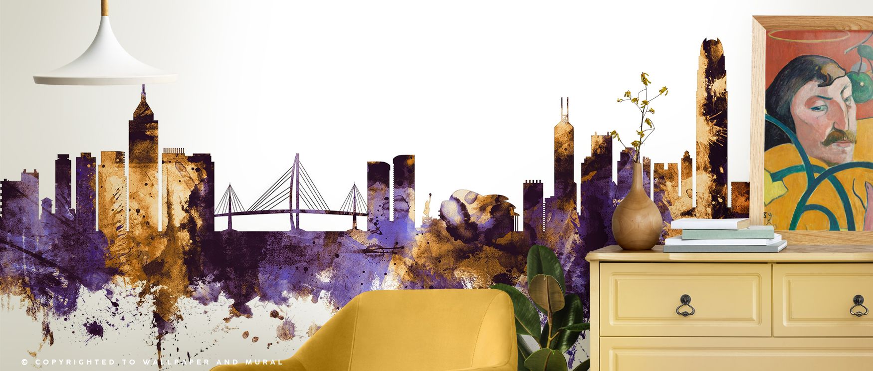 Purple and gold tones enrich detailed silhouettes of Hong Kong’s skyline, filling interiors with cultural depth and artistry while turning bedrooms, offices, or lounges into stylish retreats enriched with charm, elegance, and refinement inspired by urban 