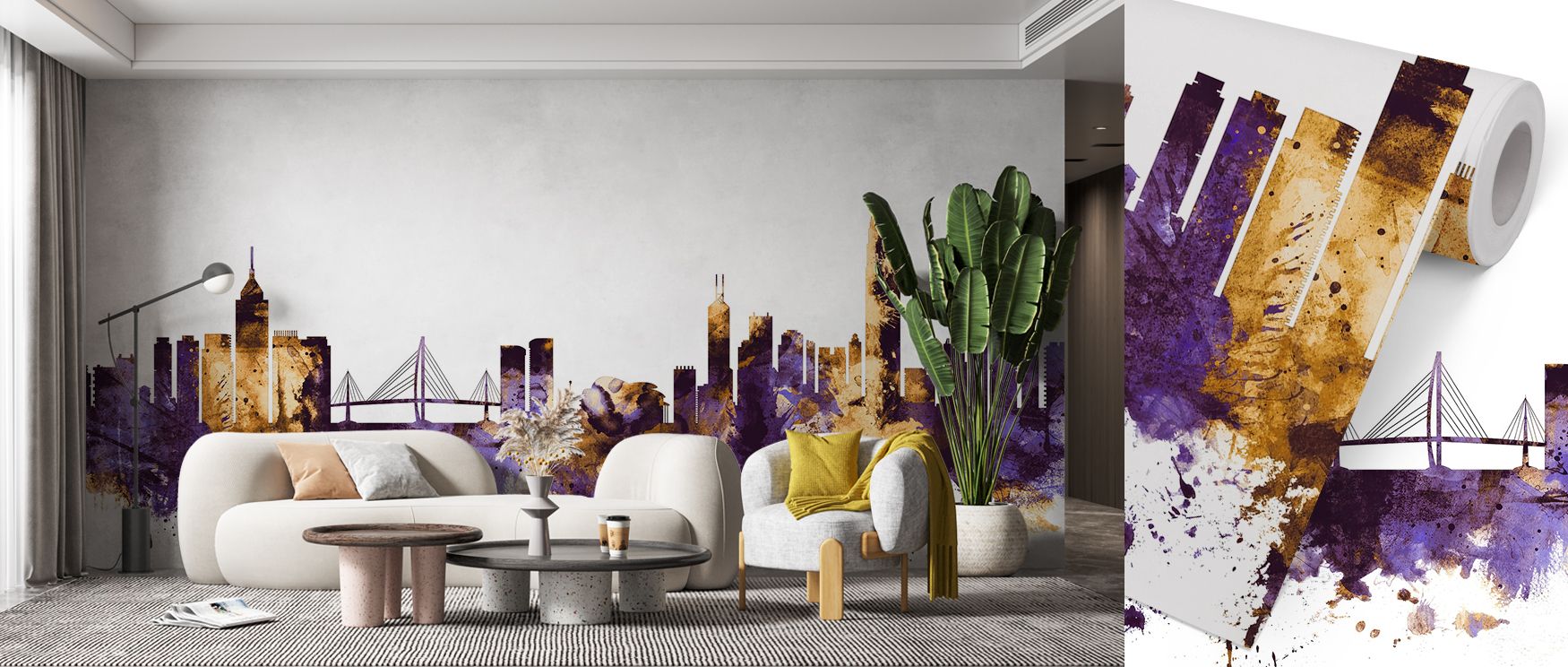 Urban silhouettes of Hong Kong skyscrapers illustrated in purple and gold tones enrich interiors with cultural artistry, turning walls into stylish compositions that radiate vibrancy and sophistication, filling bedrooms, offices, or lounges with charm. 