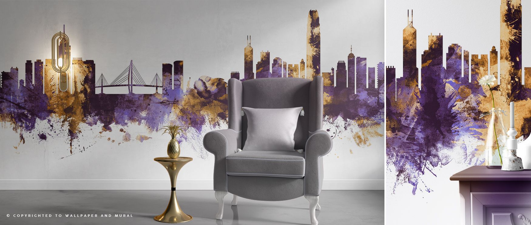 The Hong Kong skyline illustrated with bold purple hues and shimmering golden accents spreads across the wallpaper, transforming interiors into stylish cultural retreats where bedrooms, offices, or living rooms gain charm, refinement, and artistic vibranc