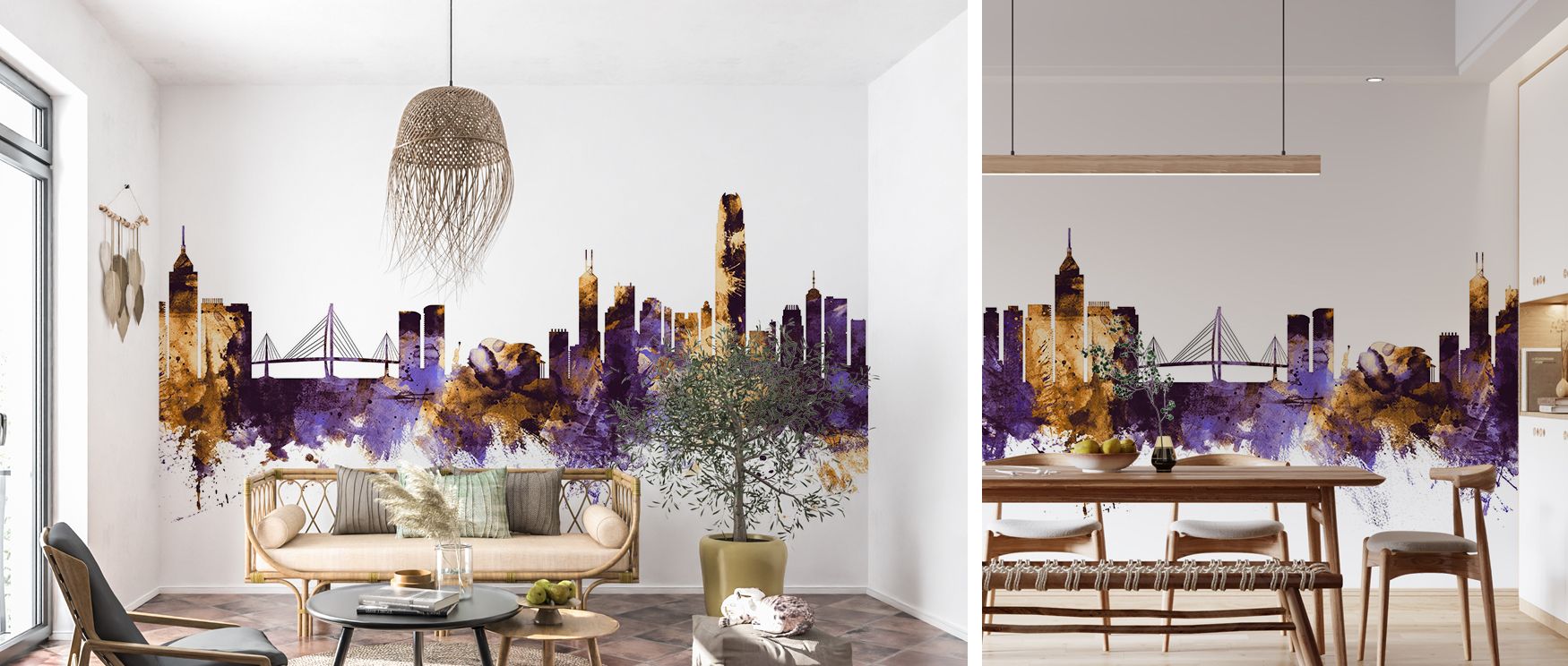 Skyline motifs painted in purple and gold tones enrich interiors with artistry and charm, turning walls in living rooms, offices, or bedrooms into cultural backdrops filled with sophistication and vibrancy that radiates modern elegance. 