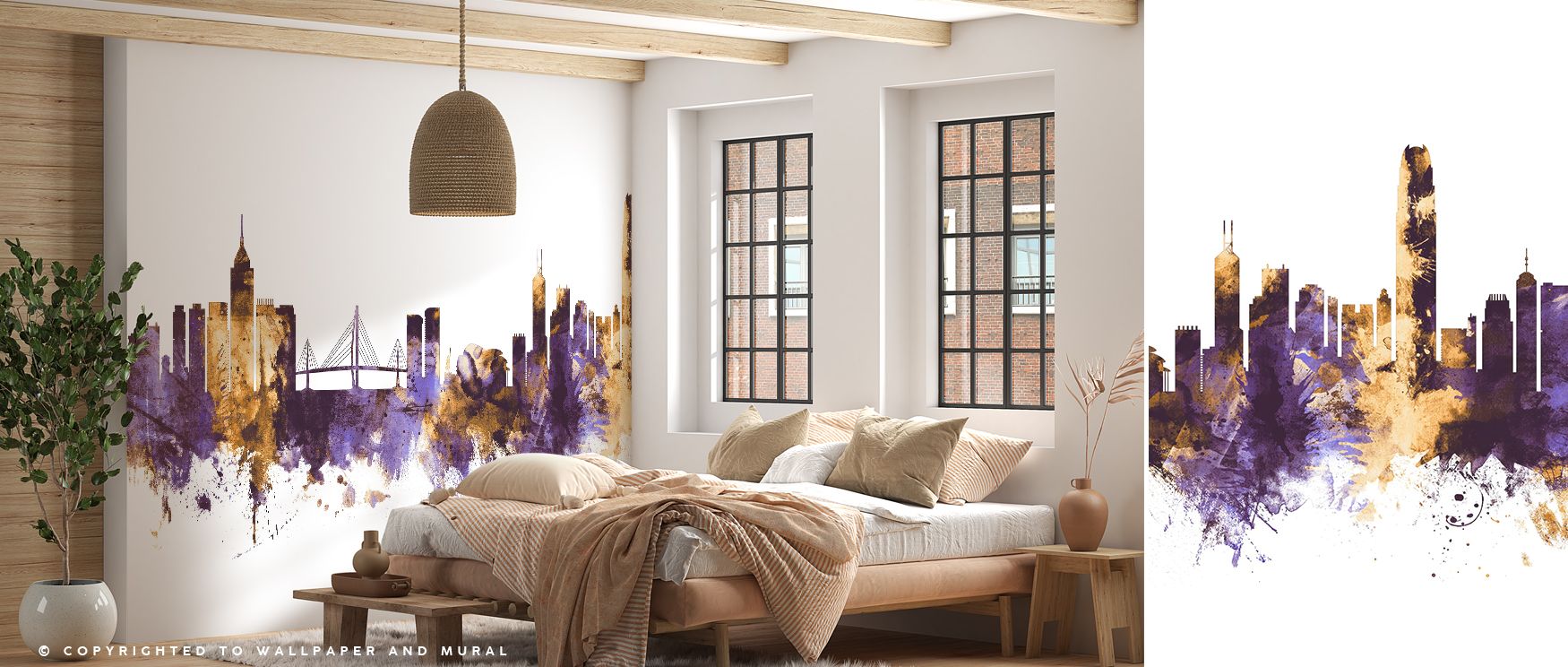 Hong Kong’s architectural skyline rendered in bold purple tones and golden highlights enriches interiors with charm, artistry, and refinement, turning bedrooms, lounges, or offices into stylish cultural retreats filled with urban sophistication. 