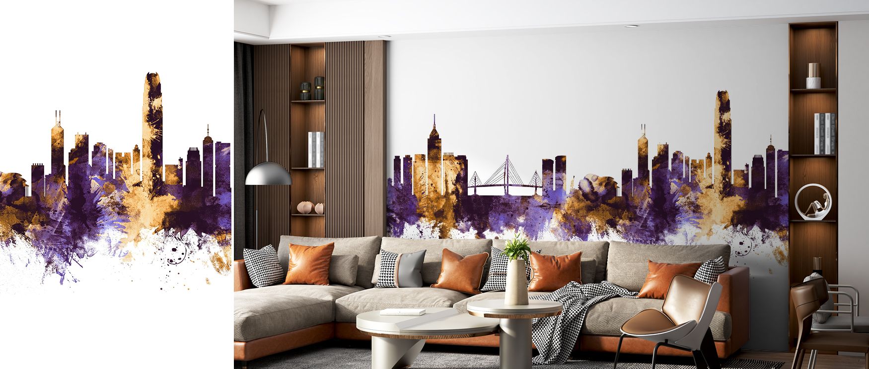 City silhouettes of Hong Kong illustrated in purple and gold tones fill interiors with cultural charm, artistry, and elegance, turning walls into stylish showcases that enrich offices, living areas, or bedrooms with vibrancy and refinement. 