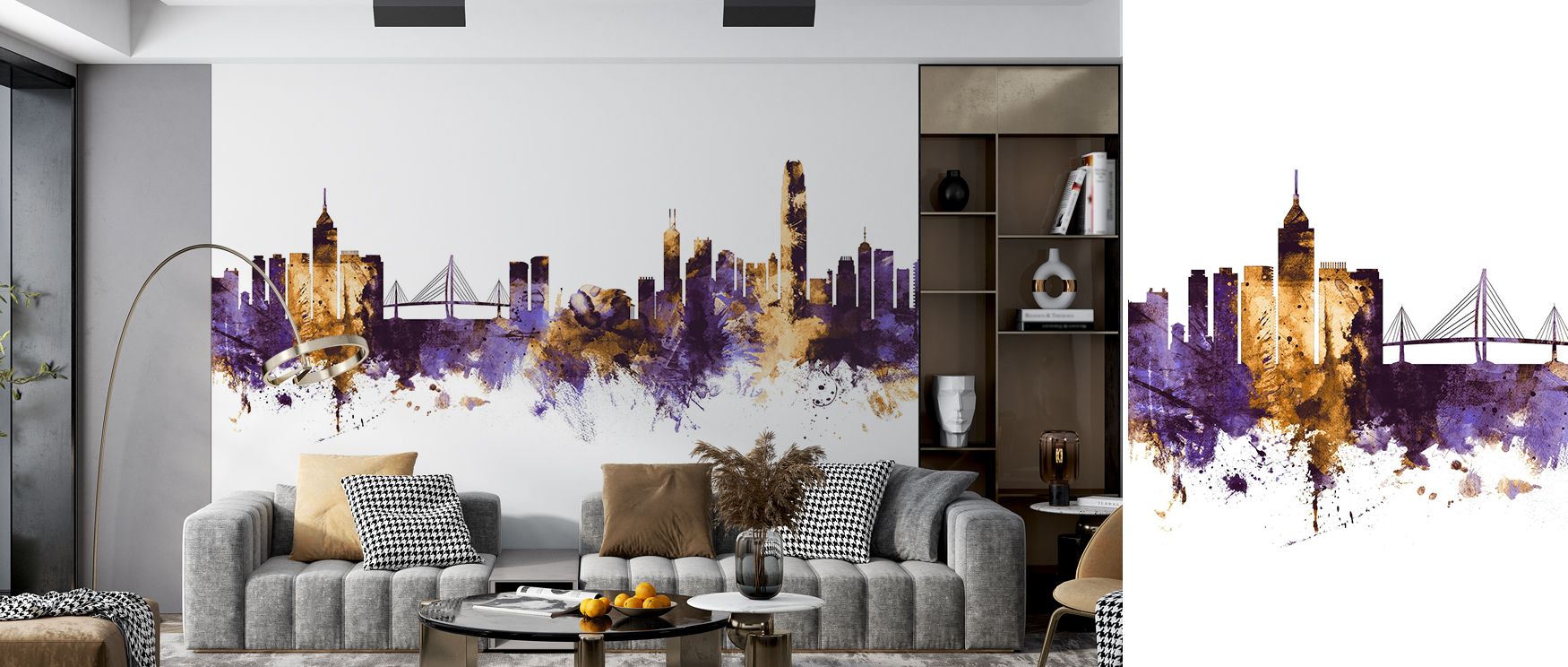Detailed urban imagery of Hong Kong skyscrapers illustrated in purple and gold transforms interiors with artistry and sophistication, filling bedrooms, living areas, or offices with charm, elegance, and cultural vibrancy inspired by modern design. 