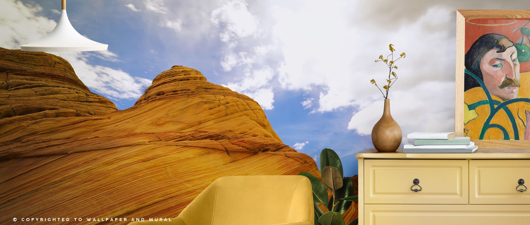 Scenic desert formations painted with earthy tones spread across the wallpaper, enriching interiors with artistry, calmness, and natural beauty, turning bedrooms, lounges, or offices into retreats filled with wonder and timeless desert charm. 