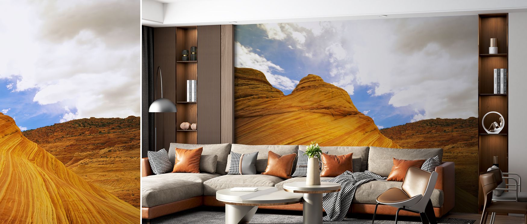 Hoodoo formations painted with earthy tones spread across the wallpaper, enriching interiors with artistry, charm, and natural refinement, turning walls in bedrooms, lounges, or offices into retreats filled with desert imagery and timeless wonder. 