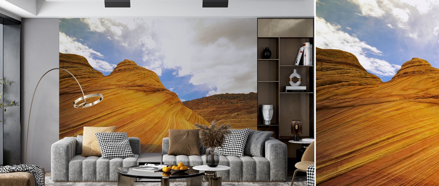 Scenic rock formations depicted in earthy tones enrich interiors with artistry, calmness, and wonder, turning bedrooms, living areas, or offices into serene retreats inspired by desert imagery and the sculptural beauty of hoodoo pillars. 