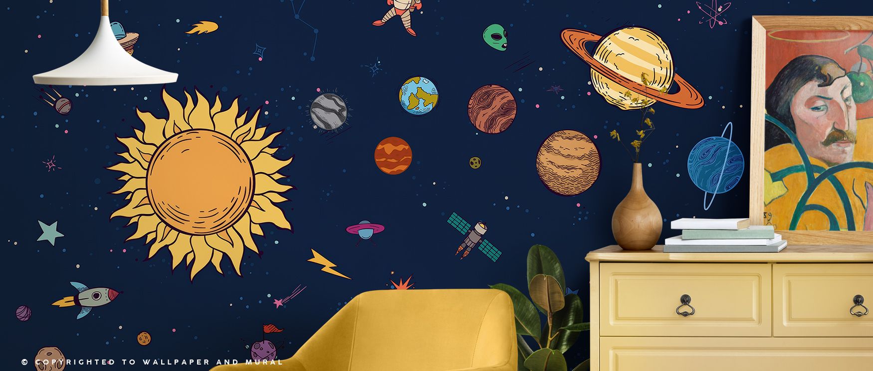 Astronaut motifs illustrated in cosmic tones fill the wallpaper with artistry, energy, and wonder, turning bedrooms, offices, or living spaces into imaginative retreats enriched with charm, curiosity, and the stylish inspiration of exploration. 