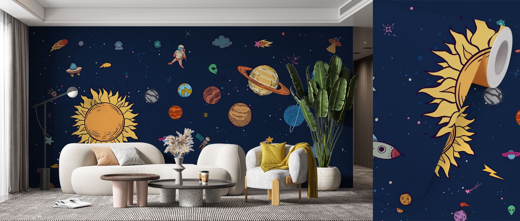Galactic motifs illustrated with detailed artistry enrich interiors with inspiration, curiosity, and vibrancy, turning walls in bedrooms, living rooms, or offices into cosmic compositions filled with celestial wonder, charm, and the timeless dream of expl