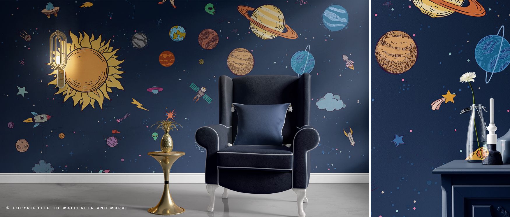 Space imagery depicting astronauts and celestial tones enriches interiors with artistry, curiosity, and wonder, turning bedrooms, lounges, or offices into retreats filled with cosmic charm and vibrancy that radiates discovery and the inspiration of explor