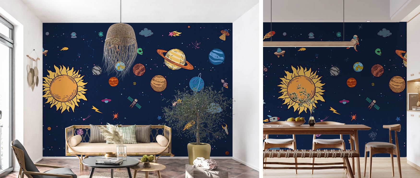 Celestial imagery painted with cosmic tones enriches interiors with artistry, charm, and vibrancy, turning walls into backdrops filled with discovery, curiosity, and wonder, transforming bedrooms, living rooms, or offices into retreats of imagination. 