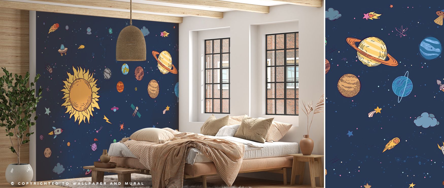 Astronaut imagery rendered with detailed artistry spreads across the wallpaper, enriching interiors with curiosity, charm, and wonder, turning bedrooms, lounges, or offices into cosmic retreats filled with celestial vibrancy and timeless exploration. 