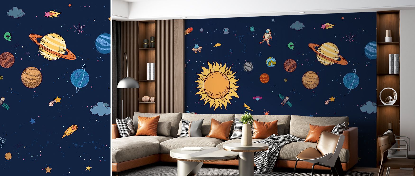 Space imagery illustrated with cosmic tones enriches interiors with artistry, charm, and vibrancy, transforming walls in bedrooms, living rooms, or offices into cosmic backdrops filled with curiosity, discovery, and inspiration from exploration. 