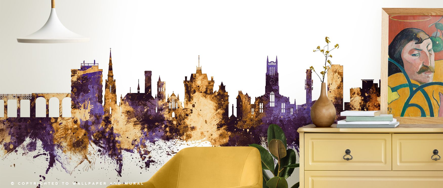 Regal purple and gold tones fill skyline imagery of Huddersfield across the wallpaper, enriching interiors with cultural artistry, charm, and refinement, turning bedrooms, lounges, or offices into stylish retreats inspired by heritage elegance. 