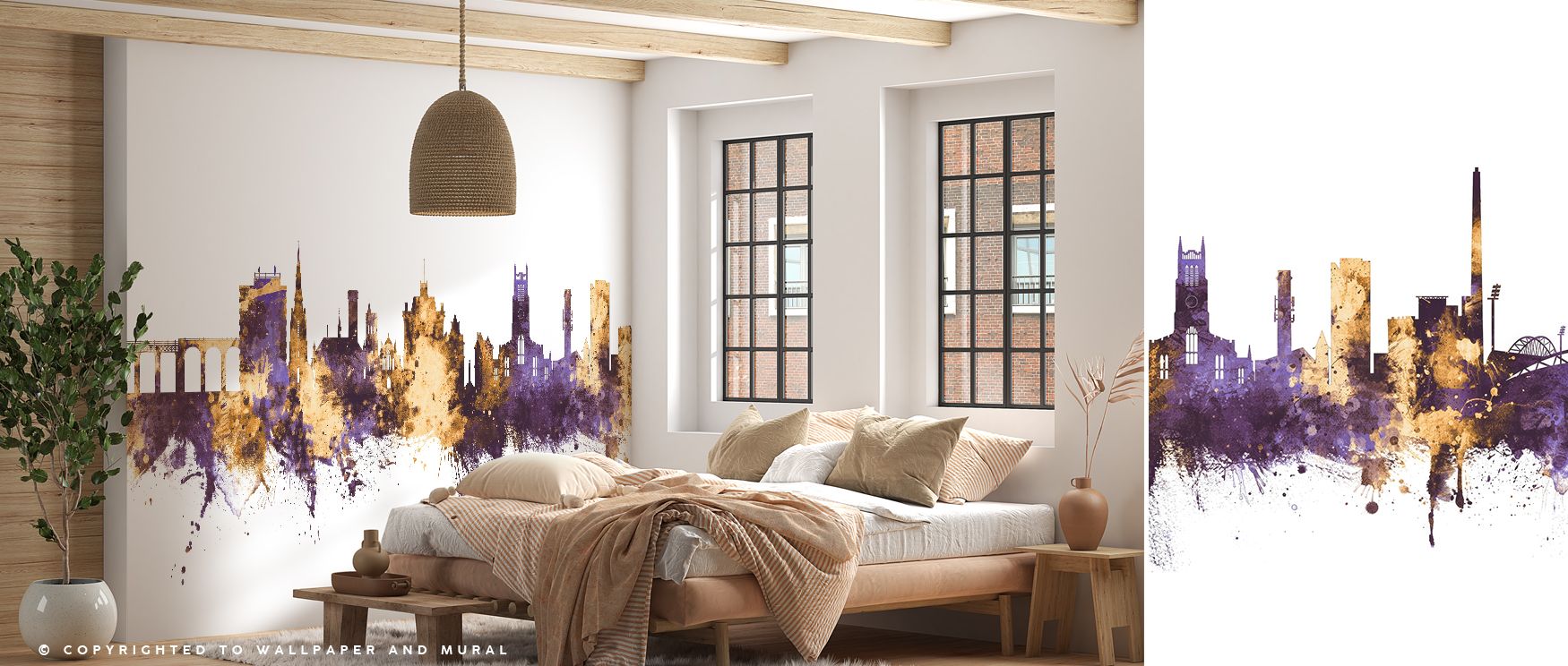 Architectural silhouettes of Huddersfield depicted in purple and gold fill the wallpaper with artistry, charm, and elegance, turning bedrooms, living spaces, or offices into retreats enriched with cultural refinement and stylish sophistication. 