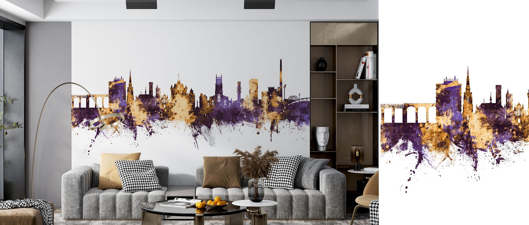 The wallpaper’s depiction of Huddersfield in purple and gold tones enriches interiors with artistry, charm, and refinement, turning bedrooms, offices, or living spaces into stylish retreats enriched with elegance and cultural resonance. 
