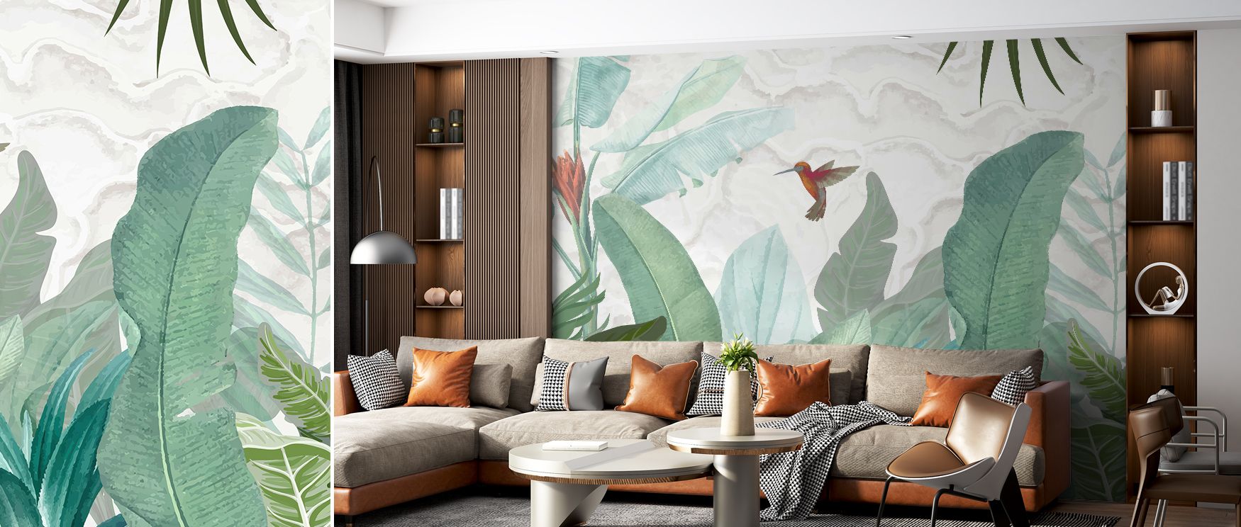 Floral imagery paired with hummingbird motifs spreads across the wallpaper with artistry, charm, and refinement, enriching bedrooms, lounges, or offices with tranquility, harmony, and stylish compositions inspired by natural imagery. 