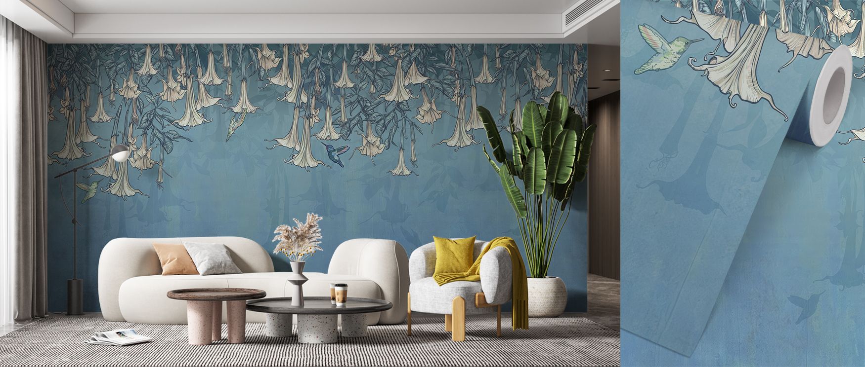 Floral motifs of trumpet blossoms paired with hummingbirds in vivid blue tones enrich interiors with artistry, charm, and vitality, turning bedrooms, living rooms, or offices into uplifting retreats filled with freshness, beauty, and stylish natural refin