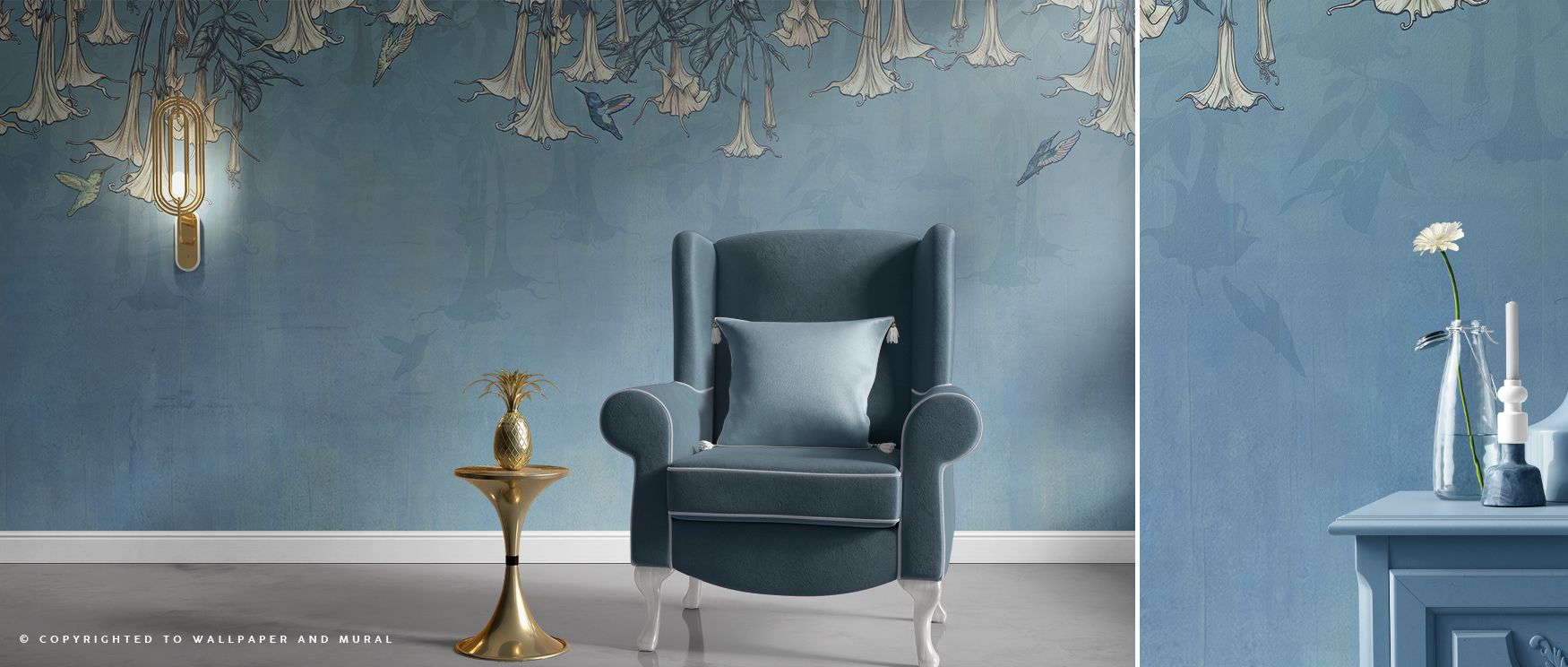 Trumpet flowers and hummingbirds illustrated in blue tones enrich interiors with artistry, charm, and elegance, turning walls in bedrooms, lounges, or offices into cheerful retreats filled with natural beauty, vibrancy, and timeless compositions inspired 
