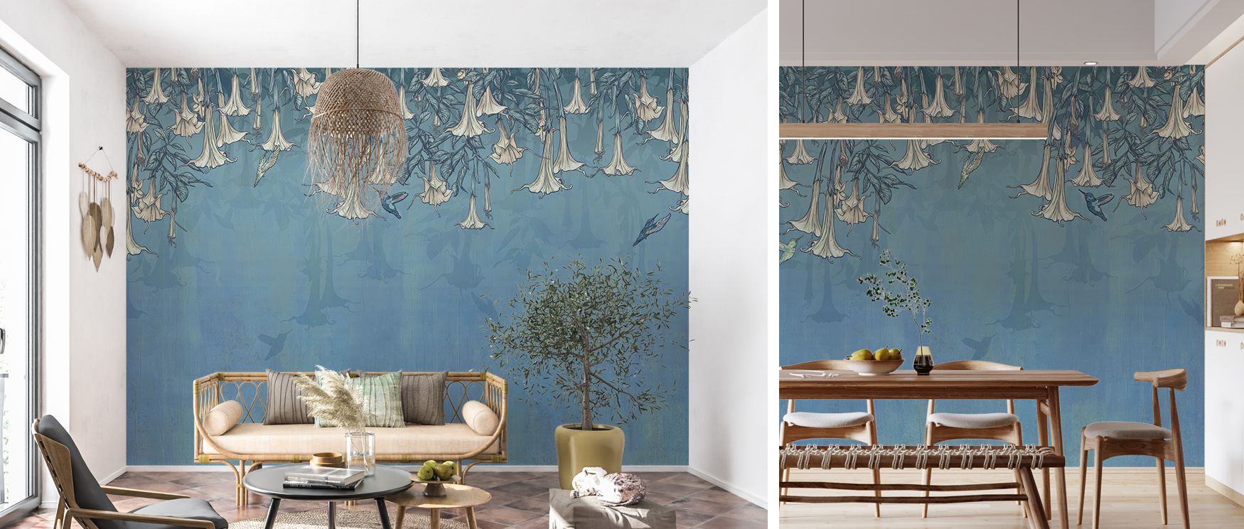 Hummingbird and trumpet imagery painted in vivid blue tones enriches interiors with artistry, charm, and vibrancy, turning bedrooms, lounges, or offices into retreats enriched with freshness, elegance, and natural refinement inspired by blossoms. 