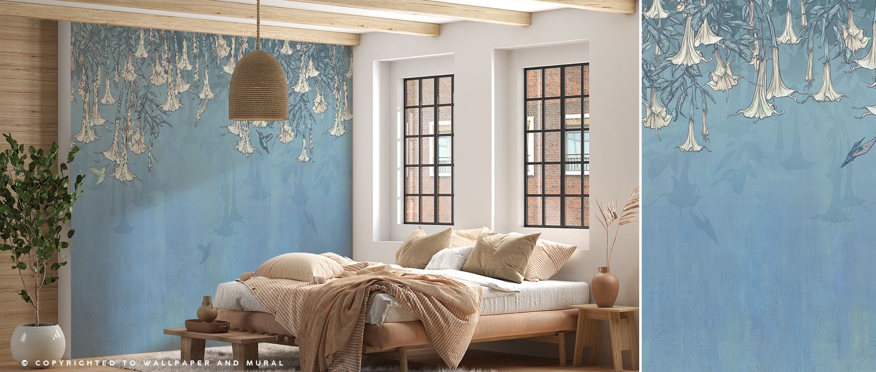 Blossoms of trumpet flowers paired with hummingbirds in vivid blue tones enrich interiors with artistry, charm, and vitality, turning bedrooms, living areas, or offices into cheerful retreats filled with freshness and stylish natural imagery. 