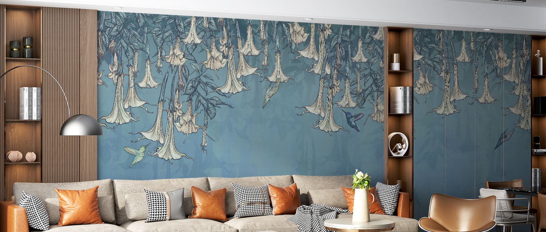 Blue floral tones illustrated with hummingbirds enrich interiors with artistry, charm, and refinement, turning bedrooms, offices, or living spaces into retreats enriched with vitality, freshness, and natural charm inspired by blossoms and cheerful composi